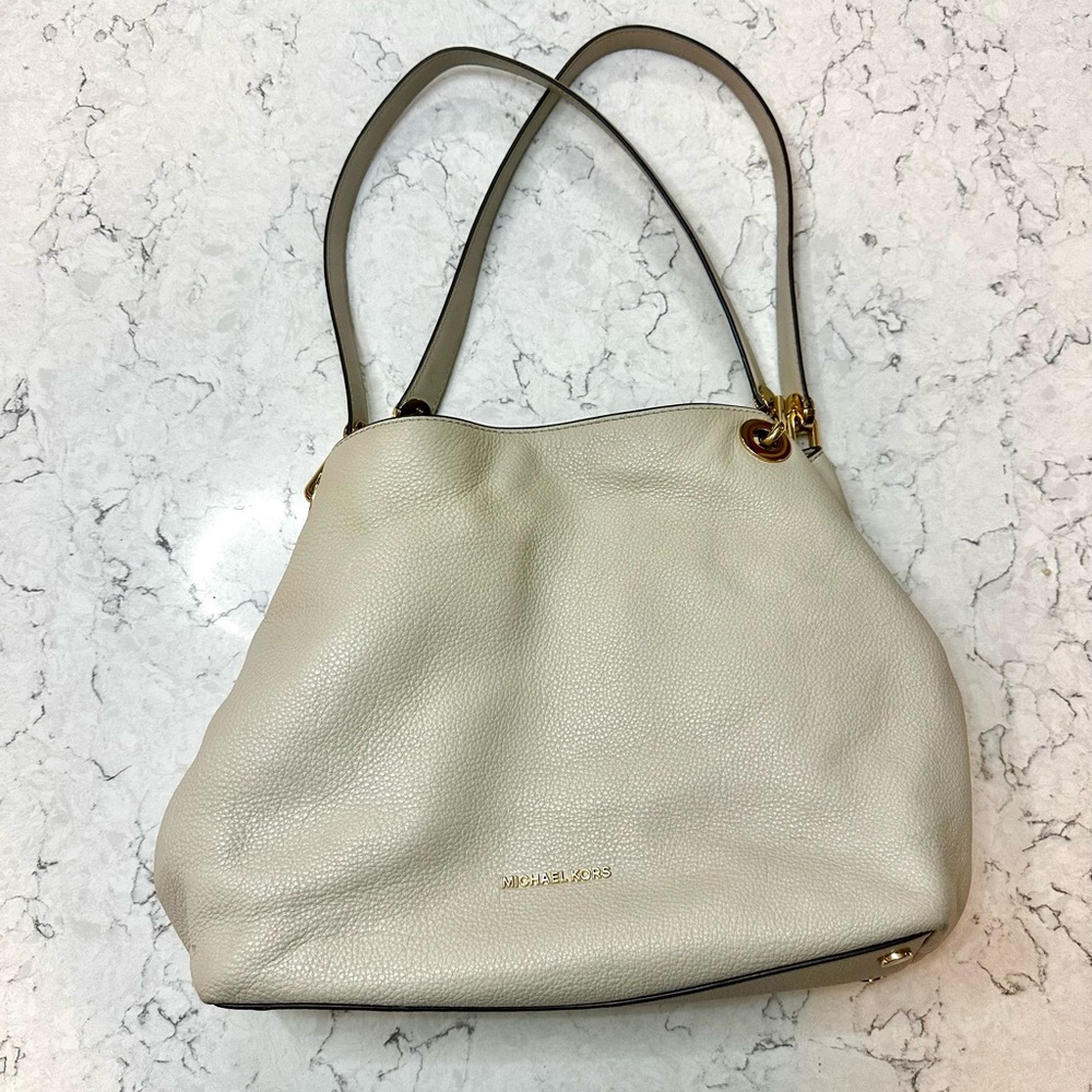 Michael Kors Pearl Gray Cream Pebble Leather Raven Satchel Shoulder Bag Gold